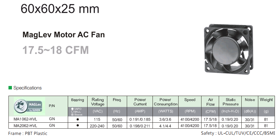 建準SUNON AC Fan 60x60x25 mm